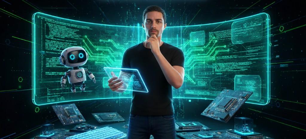 Ilustração com o João num ambiente tecnológico, com interface digital e robot, a evocar colaboração entre pessoa e IA.