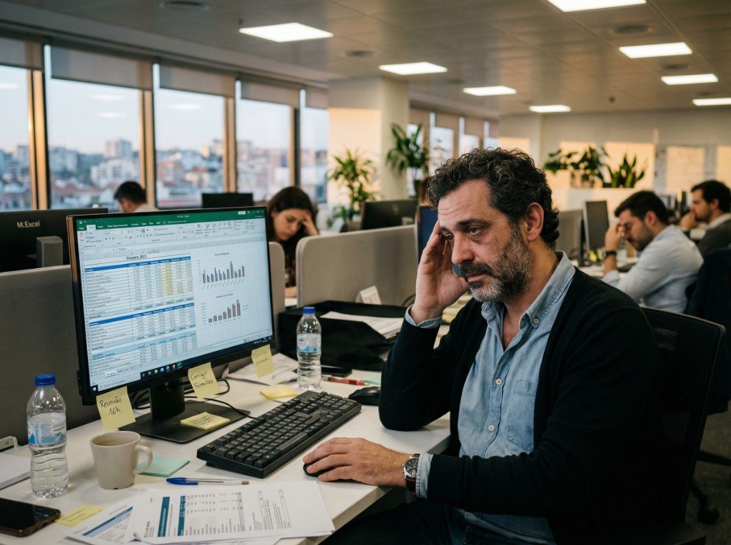 Pessoa a trabalhar num escritório, com um ecrã de Excel aberto e expressão de cansaço