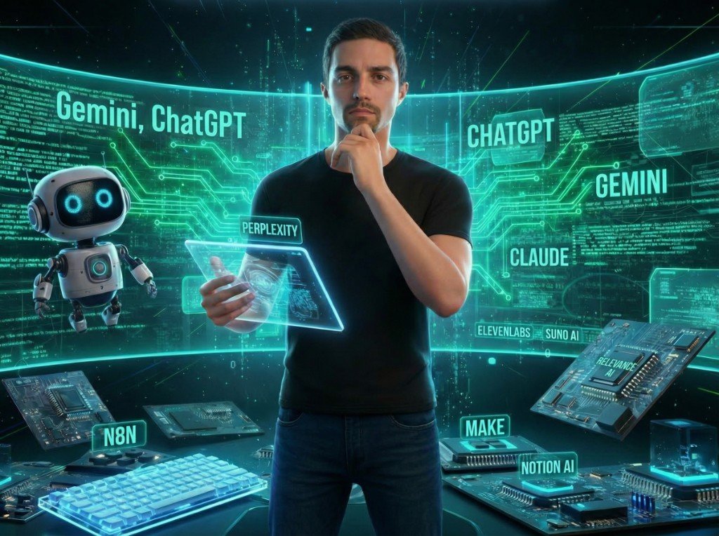 Ilustração futurista com referências a ferramentas de IA como Gemini, ChatGPT, Claude, Perplexity, n8n, Make, Higgsfield, Suno e Notion AI