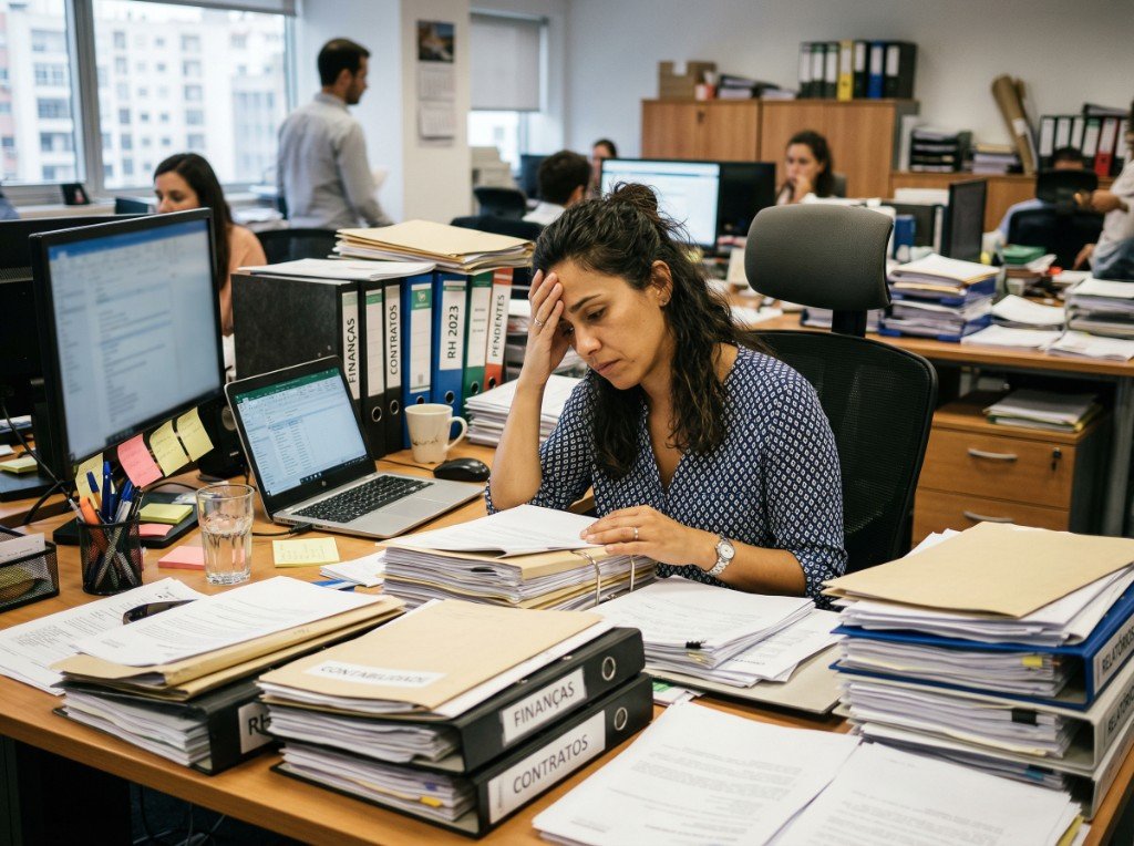 Pessoa num escritório rodeada de papelada e pastas, a rever documentos com ar cansado