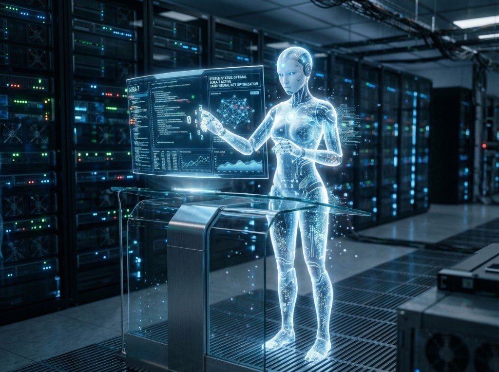 Ilustração: agente de IA com interface holográfica e rede neural