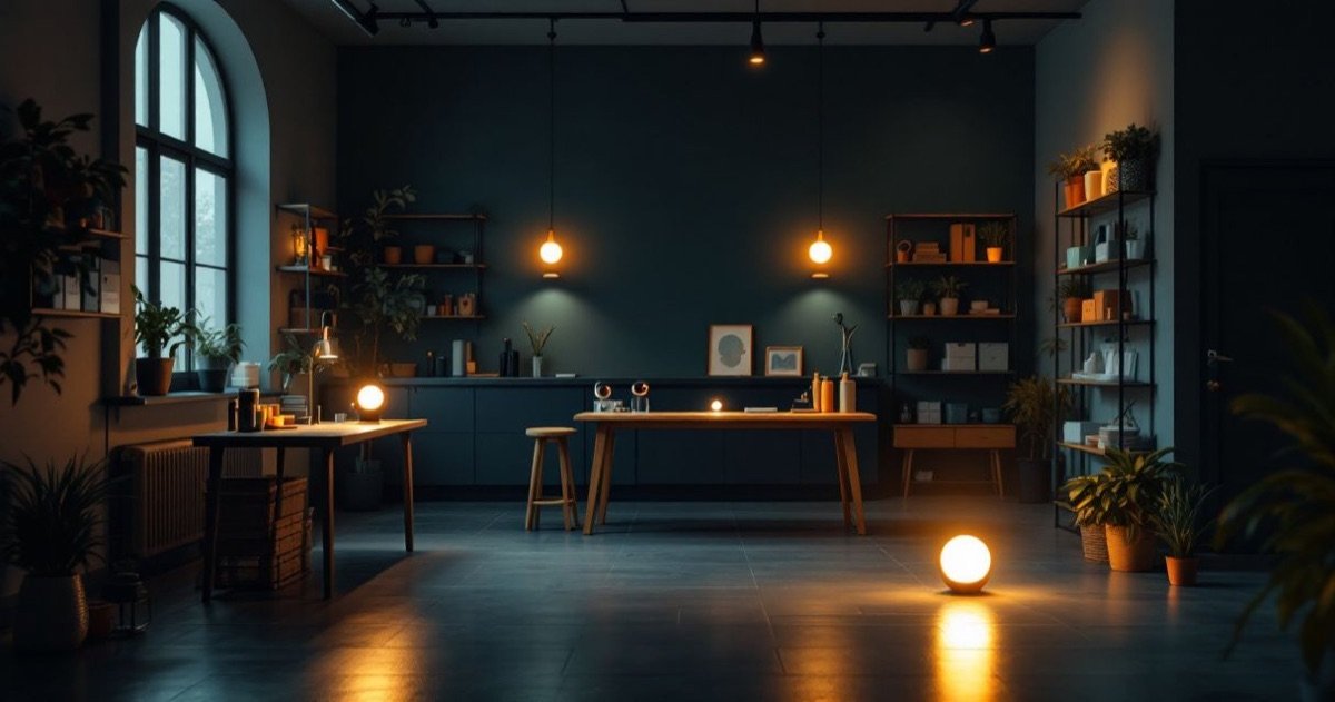 Atelier de uma pequena empresa com pequenas esferas de luz a assistir nas secretárias, a simbolizar agentes de IA a trabalhar.