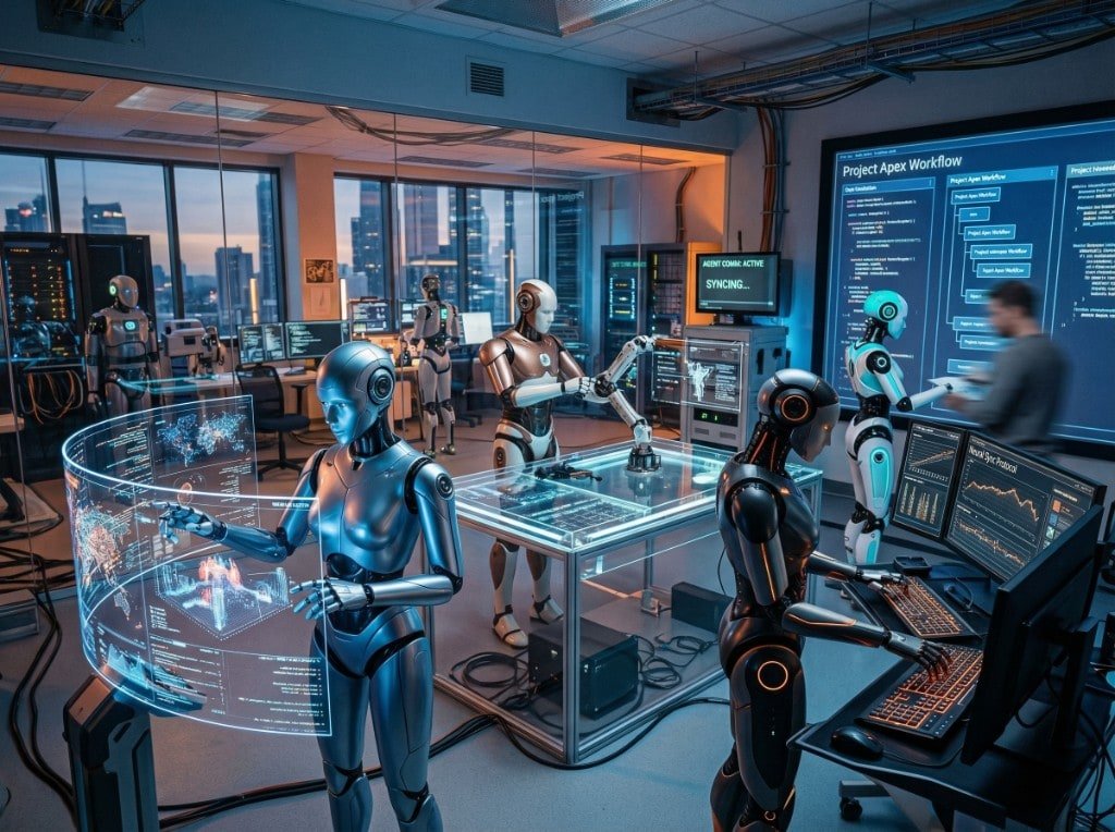 Ilustração: vários agentes de IA a colaborar num ambiente de trabalho