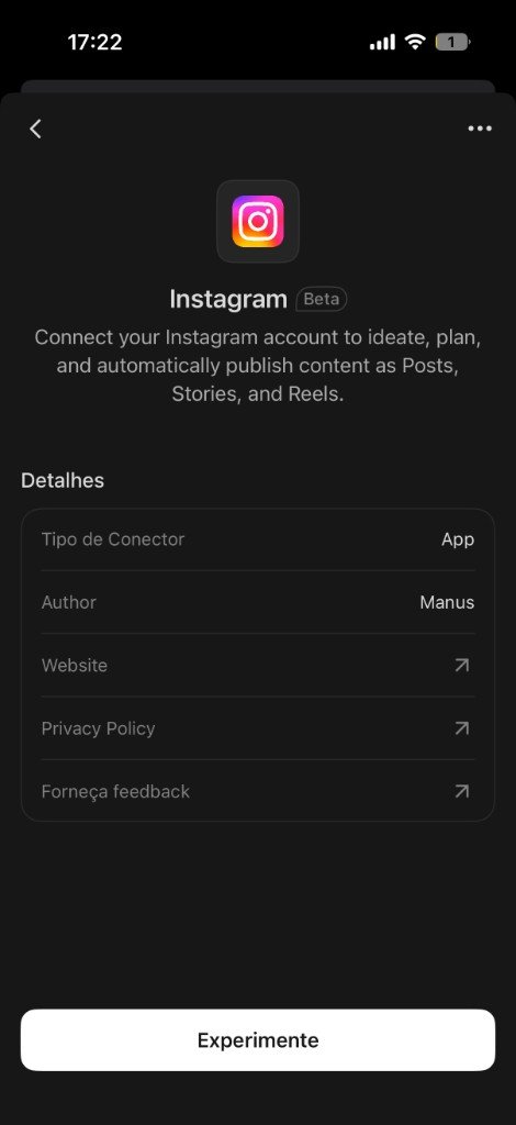 Conector Instagram no Manus com botão Experimente