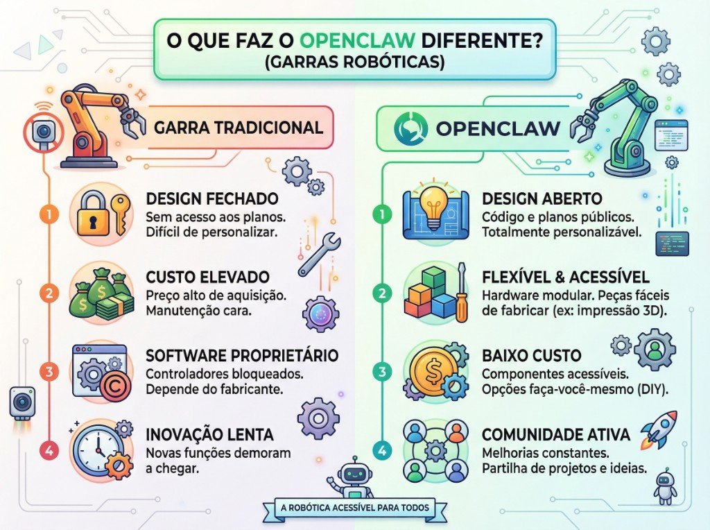 Infográfico em português: comparação entre modelo fechado e custoso versus OpenClaw como projeto aberto, modular e acessível.