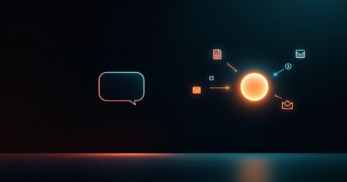 Contraste entre um balão de fala (chatbot que responde) e uma esfera de luz a agir sobre várias tarefas (agente de IA).