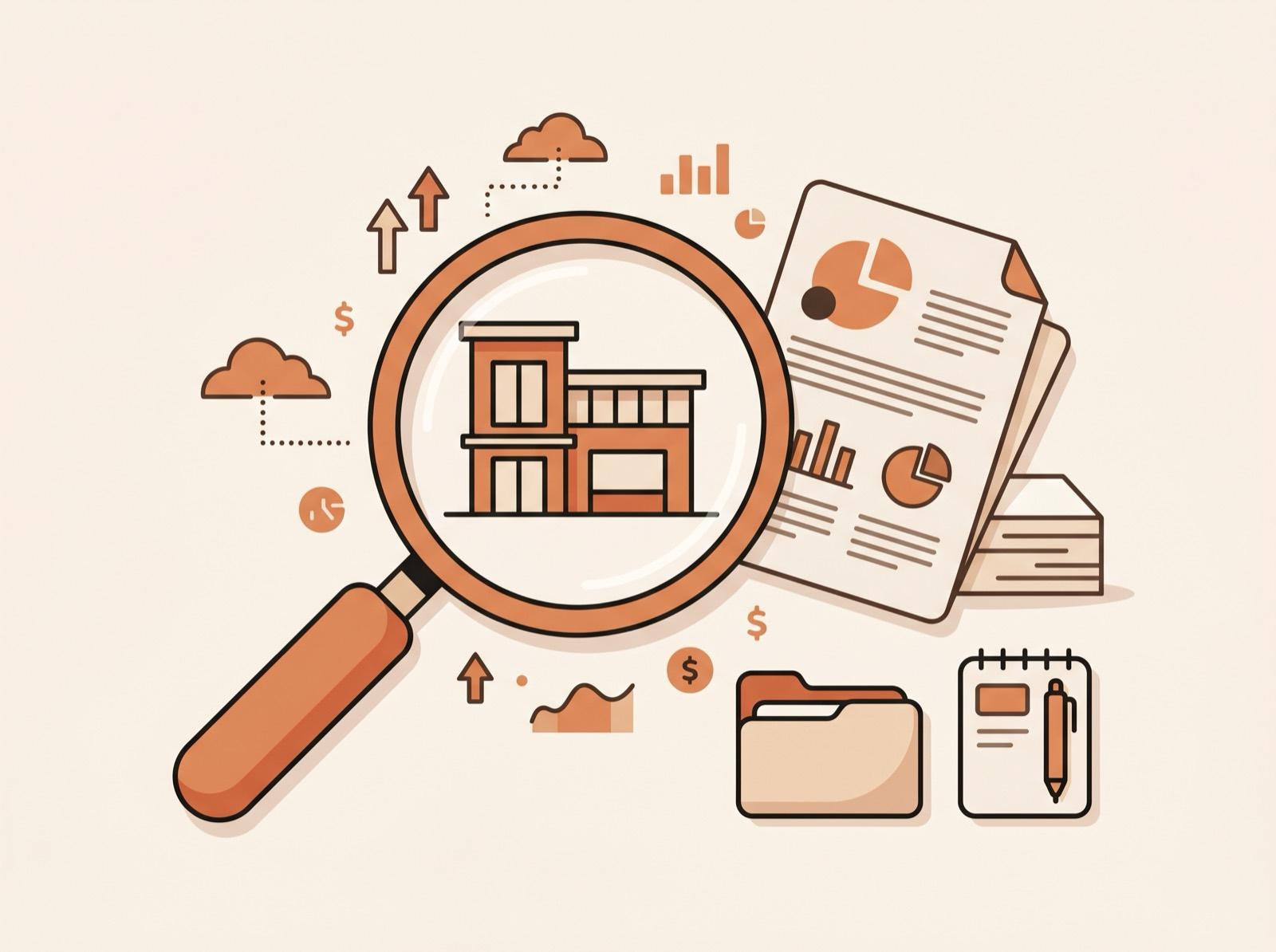 Lupa sobre uma empresa, a investigar dados e a produzir um relatório.