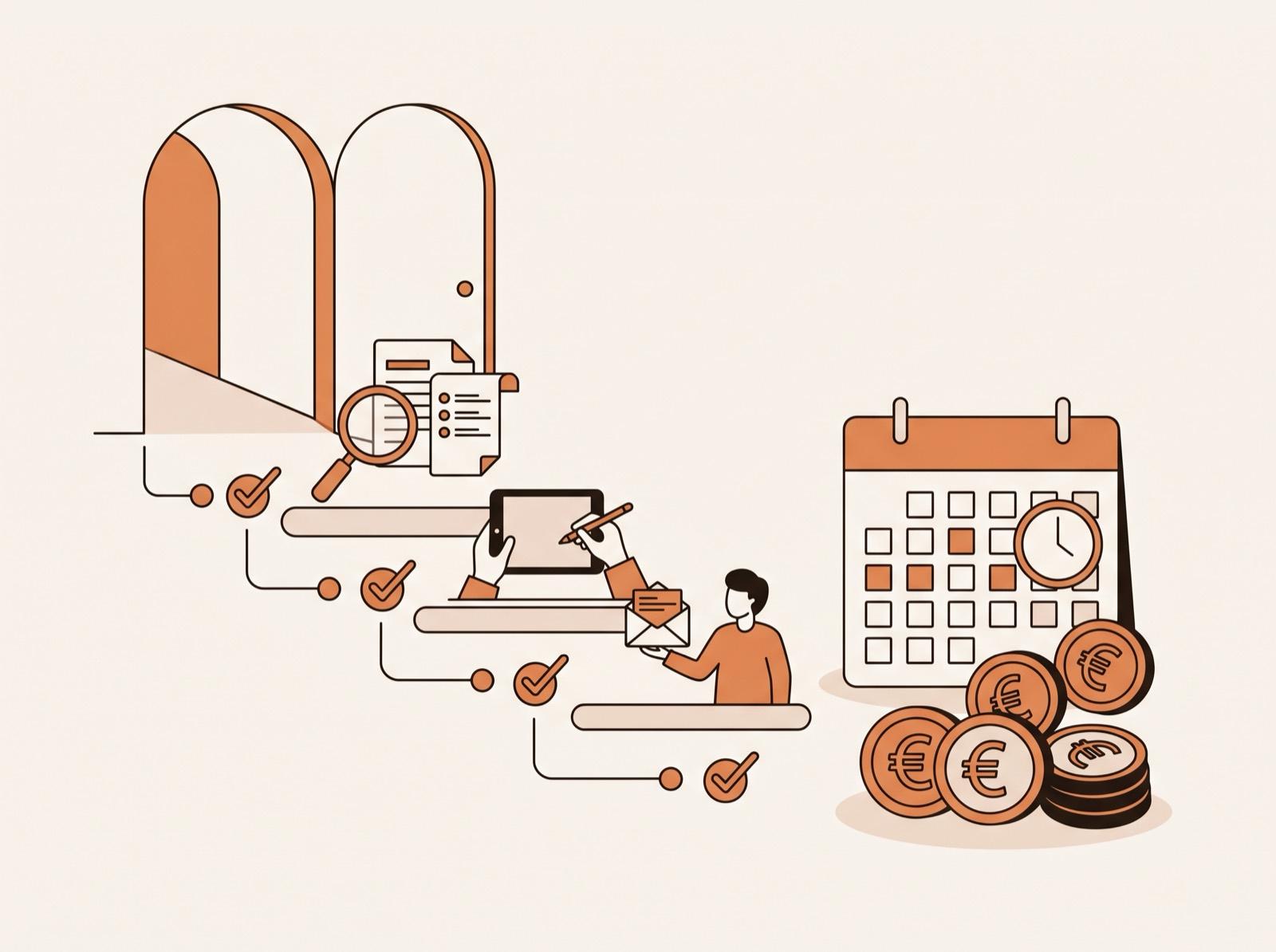 Apoios e financiamentos com prazos num calendário e moedas de euro.