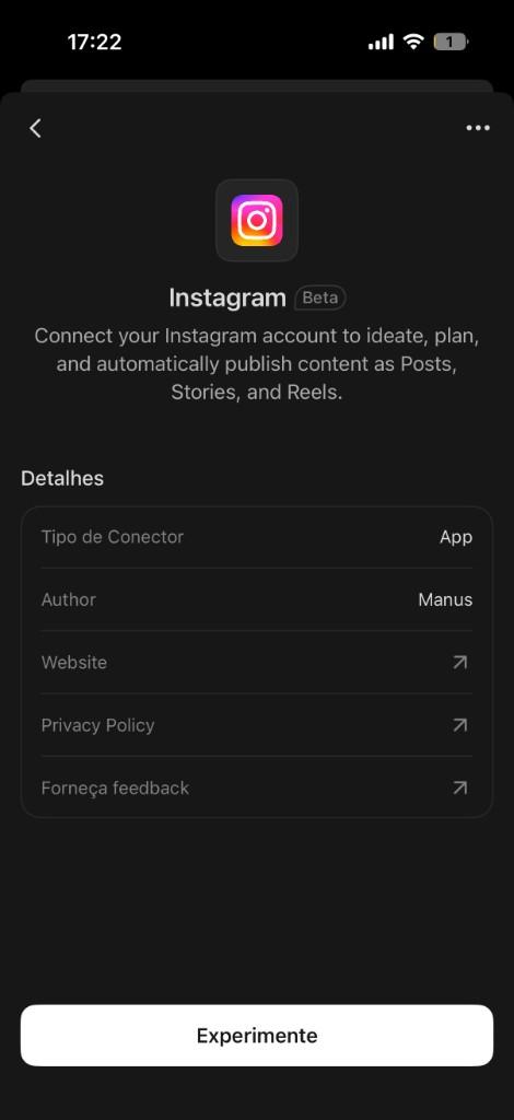 Conector Instagram no Manus com botão Experimente